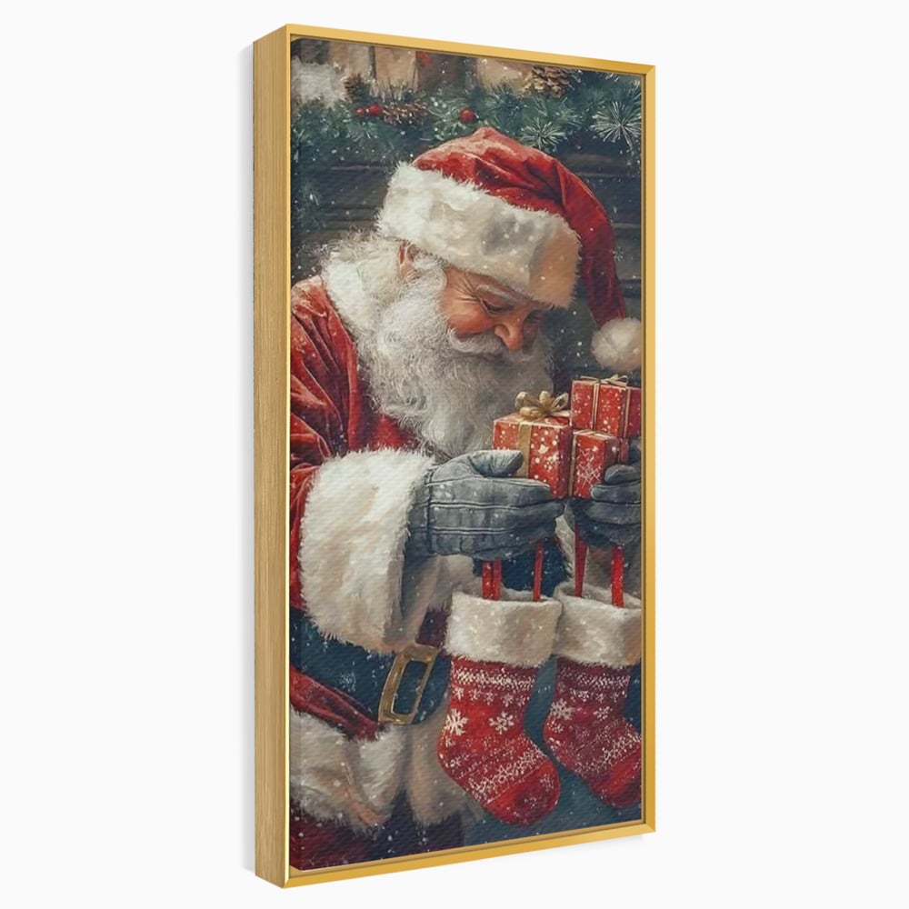 Tablou canvas cu ilustratie cu mos craciun tinand cadouri, in rama de aluminiu auriu